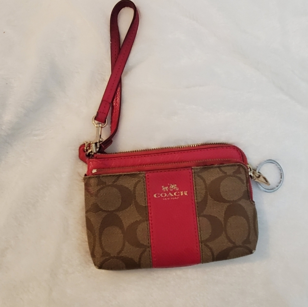 Coach Signature Print Wristlet Wallet Brown And Pink - Picture 2 of 9